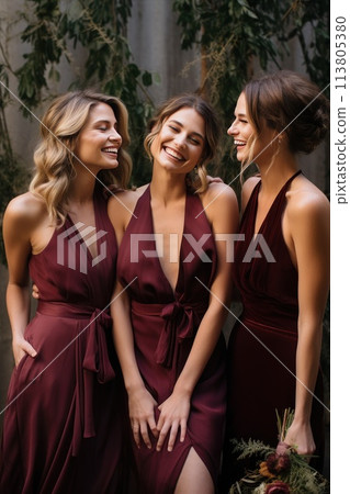 A group of bridesmaids in burgundy gowns are posing 113805380