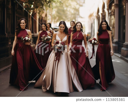 Bride and bridesmaids in magenta bridal party dresses walking down the street Bride and bridesmaids in magenta bridal party dresses walking down the street 113805381