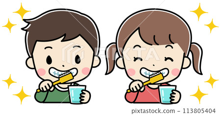 Illustration of children brushing their teeth Illustration of children brushing their teeth 113805404