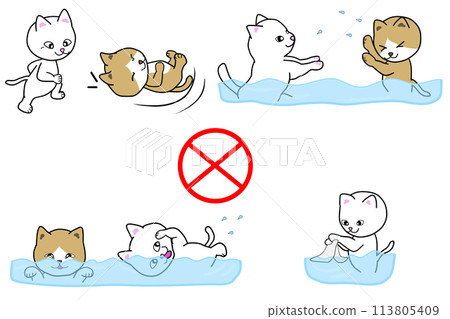 A white cat and a brown cat with a brown eyelet are violating etiquette in the large public bath. 113805409
