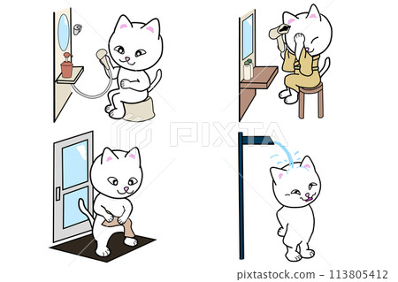 A white cat in a green yukata enjoying the large bath with a waterfall and shower A white cat in a green yukata enjoying the large bath with a waterfall and shower 113805412