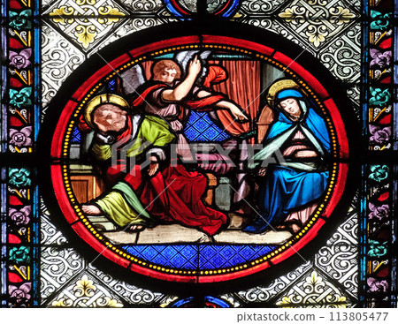 Saint Joseph first dream, revelation of the operation of the Holy Spirit, stained glass window in the Basilica of Saint Clotilde in Paris Saint Joseph first dream, revelation of the operation of the Holy Spirit, stained glass window in the Basilica of Saint Clotilde in Paris 113805477