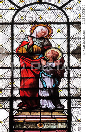 Saint Anne with Virgin Mary, stained glass window in the Basilica of Notre Dame des Victoires in Paris, France Saint Anne with Virgin Mary, stained glass window in the Basilica of Notre Dame des Victoires in Paris, France 113805503