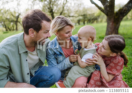 Family portrait with daughter and small toddler, baby, outdoors in spring nature. Family portrait with daughter and small toddler, baby, outdoors in spring nature. 113805511