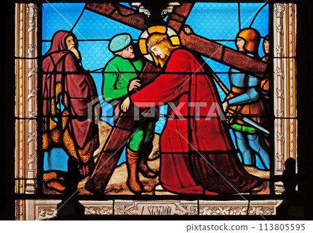 5th Stations of the Cross, Simon of Cyrene carries the cross, stained glass windows in the Saint Eugene - Saint Cecilia Church, Paris, France 113805595