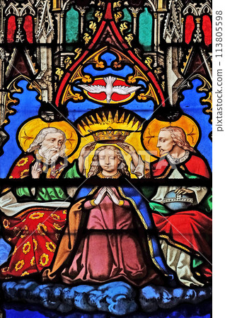 Coronation of the Virgin Mary, stained glass windows in the Saint Eugene - Saint Cecilia Church, Paris, France 113805598