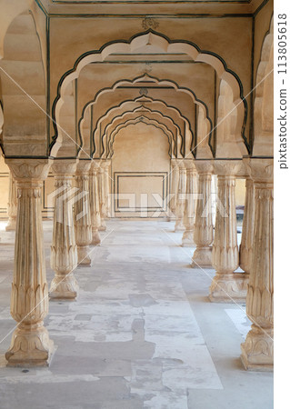 White marble hall of Sattais Katcheri at Amber Fort in Jaipur, Rajasthan, India 113805618