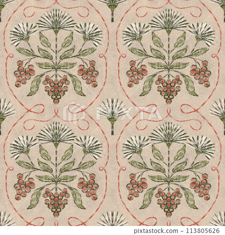 Floral ethnic seamless pattern on calm beige background. Natural repeated design with symmetric flower and berries in neutral muted colors. Block print style traditional motif for textile, carpets Floral ethnic seamless pattern on calm beige background. Natural repeated design with symmetric flower and berries in neutral muted colors. Block print style traditional motif for textile, carpets 113805626