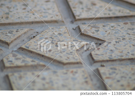 Embossed surface with carved edges of granite figured decorative tiles. Designer design of the street sidewalk 113805704