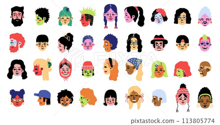 Abstract profile portraits. Funny characters, men and women in full face and profile, comic emotions, contemporary person, social media icon, cartoon doodle isolated tidy vector set 113805774