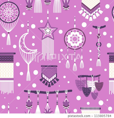 Dream catchers boho seamless pattern. Braided hanging ornaments for home, hanging macrame elements, cozy room. Decor textile, wrapping paper, wallpaper. Print for fabric tidy vector background Dream catchers boho seamless pattern. Braided hanging ornaments for home, hanging macrame elements, cozy room. Decor textile, wrapping paper, wallpaper. Print for fabric tidy vector background 113805784