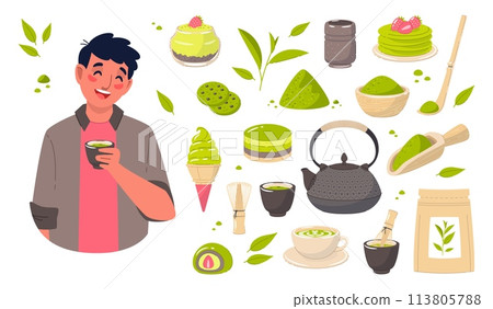 Matcha tea products. Leaves and powder, brewing accessories, sweet desserts and sweets, funny guy with hot drink cup, traditional japanese food, cartoon flat style isolated vector set Matcha tea products. Leaves and powder, brewing accessories, sweet desserts and sweets, funny guy with hot drink cup, traditional japanese food, cartoon flat style isolated vector set 113805788