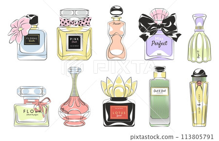Perfume products. Designer glass bottles and flasks with toilet water, scented cologne, glass packages, pumps and sprayers, glamour container, aroma liquid, tidy vector aromatic cosmetic set 113805791