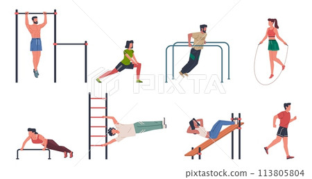 Street fitness people. Outdoor workout, turnstiles on sports ground, athletes develop muscles, toning up body, running, healthy lifestyle cartoon flat style isolated nowaday vector set Street fitness people. Outdoor workout, turnstiles on sports ground, athletes develop muscles, toning up body, running, healthy lifestyle cartoon flat style isolated nowaday vector set 113805804