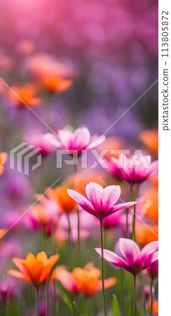 Spring flowers emerging gently, a burst of life in a minimalist landscape. Softly out of focus, lending an ethereal charm 113805872