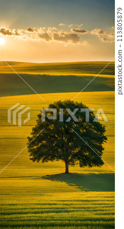 Bright sunlight over serene landscape, minimalistic scenery with single tree Bright sunlight over serene landscape, minimalistic scenery with single tree 113805879