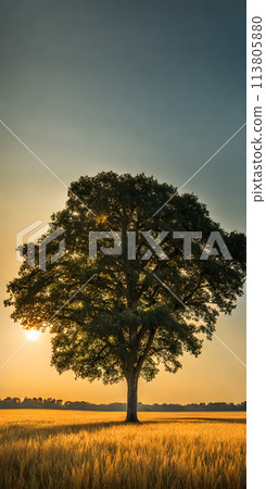 Bright sunlight over serene landscape, minimalistic scenery with single tree 113805880