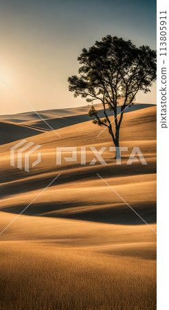 Minimalist summer landscape basking under the bright sun, sparse trees dotting the horizon, clear blue sky Minimalist summer landscape basking under the bright sun, sparse trees dotting the horizon, clear blue sky 113805911