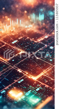 An abstract composition featuring financial technology elements with soft-focused bokeh and selective elements 113805937