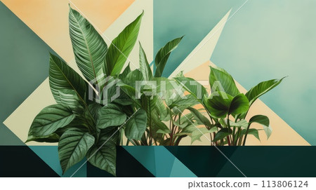 Green leaves of the plant and geometric background. Generative AI 113806124