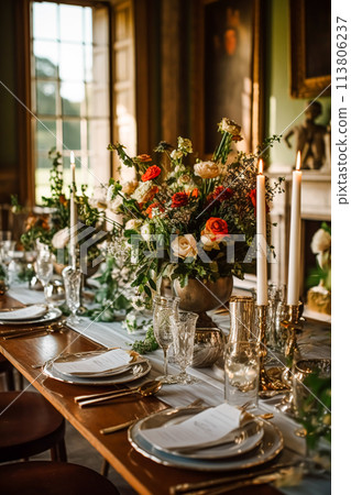 Wedding, event celebration and autumn holiday tablescape, classic autumnal decor and formal dinner table setting in the country mansion, table scape with candles and floral decoration 113806237