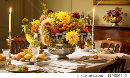 Dining room decor, interior design and autumn holiday celebration, elegant autumnal table decoration with candles and flowers, home decor and country cottage style 113806243