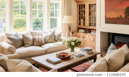 Interior design, home decor, sitting room and living room, white sofa and furniture in English country house and elegant cottage style Interior design, home decor, sitting room and living room, white sofa and furniture in English country house and elegant cottage style 113806245