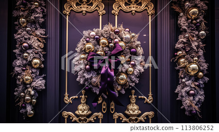 Christmas decoration details on English styled luxury high street city store door or shopping window display, holiday sale and shop decor 113806252