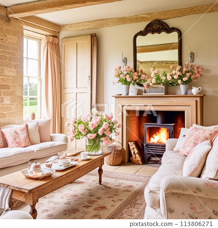 Neutral cottage sitting room with fireplace, living room interior design and country house home decor, sofa and lounge furniture, English countryside style 113806271