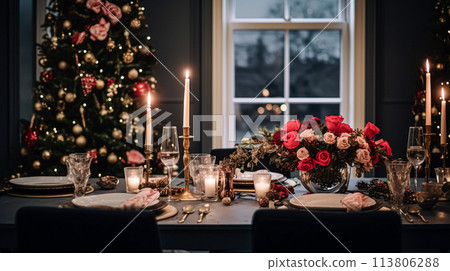 Table decor for festive family dinner at home, holiday tablescape and table setting, formal for wedding, celebration, English country and home styling Table decor for festive family dinner at home, holiday tablescape and table setting, formal for wedding, celebration, English country and home styling 113806288