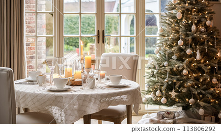 Christmas holiday family breakfast, table setting decor and festive tablescape, English country and home styling Christmas holiday family breakfast, table setting decor and festive tablescape, English country and home styling 113806292