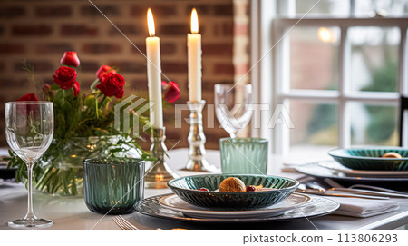 Christmas holiday family breakfast, table setting decor and festive tablescape, English country and home styling Christmas holiday family breakfast, table setting decor and festive tablescape, English country and home styling 113806293