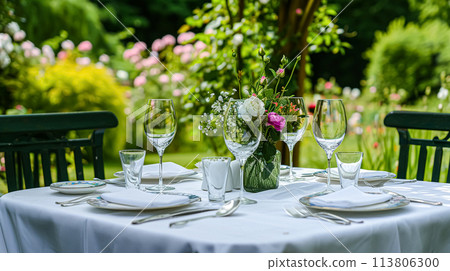 Garden party tablescape, elegance with floral table decor 113806300