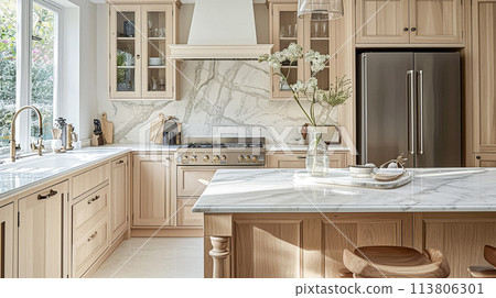 Modern kitchen with natural light and wooden accents, interior design Modern kitchen with natural light and wooden accents, interior design 113806301