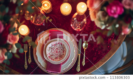 Valentines day tablescape and table decor, romantic table setting with flowers, formal dinner and date, beautiful cutlery and tableware Valentines day tablescape and table decor, romantic table setting with flowers, formal dinner and date, beautiful cutlery and tableware 113806303