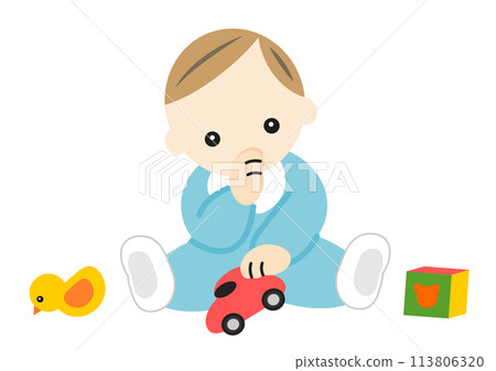 Baby playing while sucking his thumb 113806320