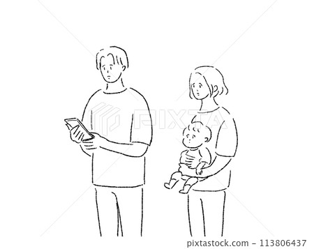 A woman (mother) holding a little girl (child) and a father (man) touching a mobile phone (smartphone), line drawing 113806437