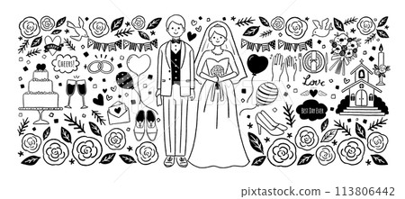 新娘和新郎被鮮花包圍的婚禮插畫線畫 113806442