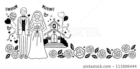 新娘和新郎在教堂前排隊的婚禮插圖線畫 113806444