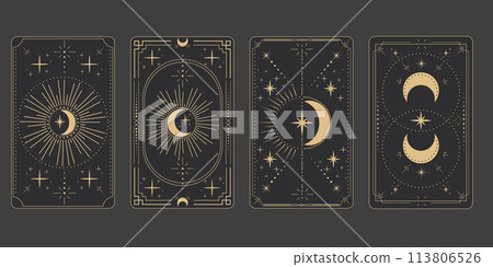 Tarot reverce border magic sacred cover card frame gold line border celelstial mystery esoteric decoration with stars and moon on dark background. Tarot reverce border magic sacred cover card frame gold line border celelstial mystery esoteric decoration with stars and moon on dark background. 113806526