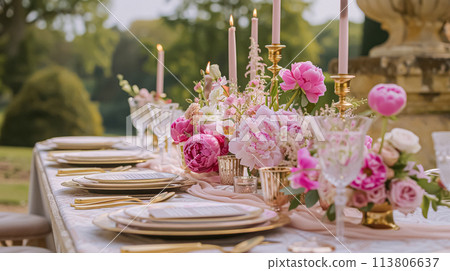 Wedding decoration with peonies, floral decor and event celebration, peony flowers and wedding ceremony in the garden, English country style Wedding decoration with peonies, floral decor and event celebration, peony flowers and wedding ceremony in the garden, English country style 113806637