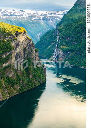 View on Geirangerfjord from Flydasjuvet viewpoint Norway View on Geirangerfjord from Flydasjuvet viewpoint Norway 113806638