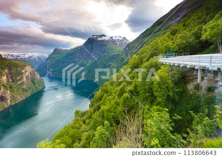 View on Geirangerfjord from Flydasjuvet viewpoint Norway 113806643