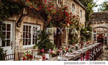 Wedding decoration in the cottage, floral country wedding decor, cake and event celebration, English countryside style 113806646