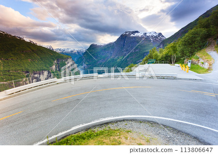 View on Geirangerfjord from Flydasjuvet viewpoint Norway 113806647