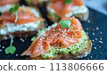 Avocado toast with smoked salmon for breakfast, homemade cuisine and traditional food, country life 113806666