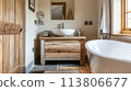 Cotswolds cottage style bathroom decor, interior design and home decor, bathtub and bathroom furniture, English countryside house 113806677