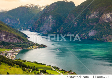 View of the fjords at Stegastein viewpoint in Norway 113806722