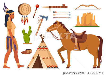 Native american indians and traditional clothes set, weapons and cultural symbols. bow, arrows, tambourine, wigwam, moccasins, tomahawk, peace pipe. Native american indians and traditional clothes set, weapons and cultural symbols. bow, arrows, tambourine, wigwam, moccasins, tomahawk, peace pipe. 113806741