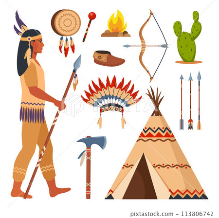 Native american indians and traditional clothes set, weapons and cultural symbols. bow, arrows, tambourine, wigwam, moccasins, tomahawk, peace pipe. 113806742